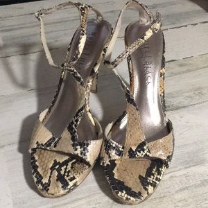 White House Black Market woman’s tan black snake skin 4” heeled sandals size 8M